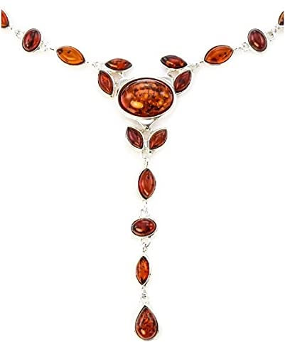 Halskette Collier aus baltischem Bernstein in Sterling Silber 925, Farbe Dunkel Karamel, G. 44-50cm (Dreifarbig - Karamel, Lemon, Grün)