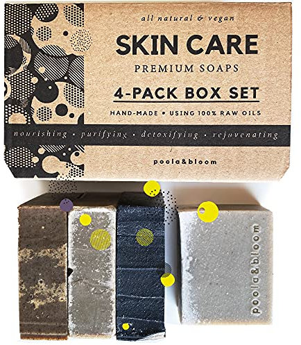 Poola & Bloom Duschseife Männer Vegan Handgemacht Schwarze Seife Tote Meer Mineralien Aktivkohle Sanfte Reinigung Hautpflege Outdoor 4x120g Klarer Teint Hautprobleme