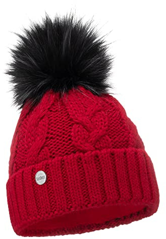 ELIMELI® Winter Mütze Damenmütze mit Fell-Bommel Fleece Innenfutter gefüttert - warme Damen Bommelmütze Strickmütze - Wintermütze mit Kunstfell Bommel - Slouch Strick Beanie Made in EU (rot)