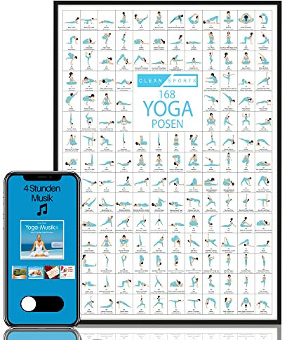 CLEAN SPORTS Yoga Poster DIN A1 mit 168 Asanas und Hatha Posen • Praktisches Asanas Plakat für Übungen Zuhause oder im Studio • Geschenkidee für Anfänger & Profis • Stilvolle Wanddeko