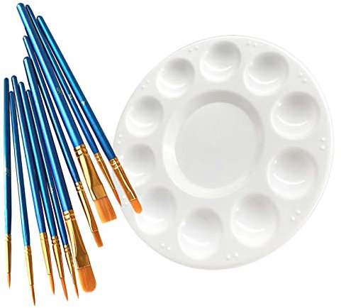 Malerpinsel-Set, 10 Nylonhaarbürsten und 1 Kunststoff-Farbpalette, Kombination geeignet für Öl, Acryl und Aquarell