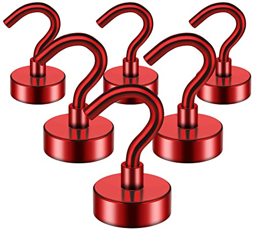 FINDMAG 6 Stück Magnethaken Stark, 10 kg+(22 lbs+) Extra Stark, Kühlschrankmagnet Haken zum Aufhängen, Neodym Magnet mit Haken, Rot Magnethaken für Kreuzfahrt, Decke, Bad, Küche, Garage