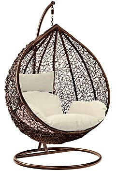 Hanging Egg Chair with Cushion Rattan Woven Swing Seat with Sturdy Steel Frame Reading Chair Garden Patio Indoor Outdoor Lounge Hanging Brown Chair White Cushion
