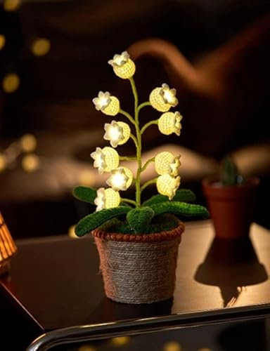 CharySim Lily of The Valley Lamp 10Pcs Crochet Artificial Flowers with Lights Included Pots for Birthday Gift Crochet Flowers for Women Mother Flower Knitted Gifts Home Room Decor