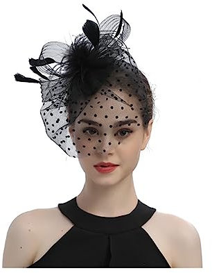 Fascinator Hut,Vintage Schleier Mesh Stirnband Frauen Schwarz Untertasse Sinamay Stirnband Kirche Haarschmuck Hochzeit Ascot Hut Hatinator Vogelkäfig Schleier Feder Mesh Gesicht für Tea Party