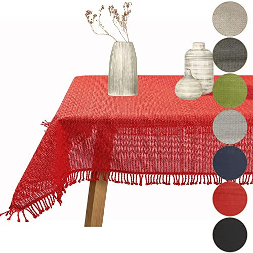 Gartentischdecke geschäumt eckig rund oval wetterfest rutschfeste Weichschaum Tischdecke abwaschbar Garten Balkon Outdoor Camping mit Fransen (Rot, Oval 160x220cm (BxL))