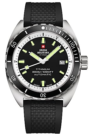 Swiss Military by Chrono Herren Uhr Armbanduhr Titan Automatik Uhrwerk mit Kautschukarmband Analoge Herrenuhr Silber Schwarz SMA34100.07