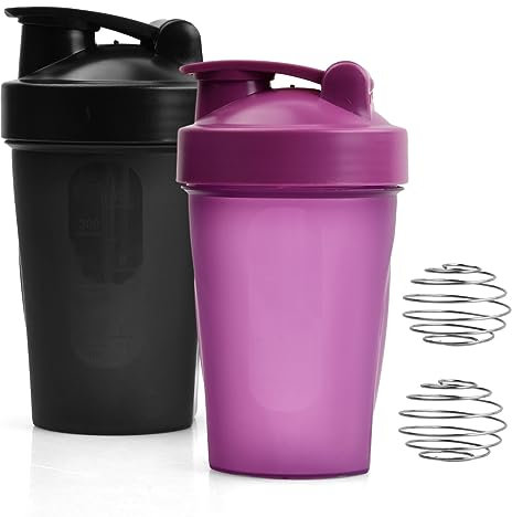Laughhe 2 Botellas Mezcladoras de Proteínas de 400 ml Botella Deportiva Shaker de Proteínas con Bola de Mezcla de Alambre Botella de Agua a Prueba de Fugas (Negro y Morado)