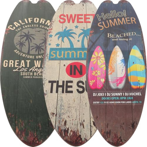 IWOWHERO 3pcs Wooden Surfboard Wall Decor Hawaii Tropical Beach Theme Sign Nautical Wooden Plaque Ocean Wall Art for Coastal Theme Home Garden Decor 17.72X6.30X0.79In