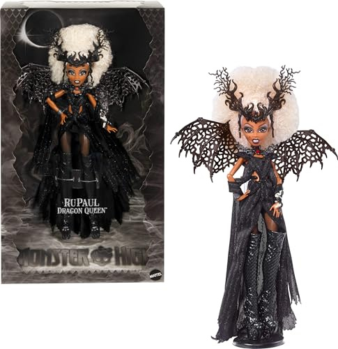 Monster High RuPaul Puppe, Dragon Queen Sammlerstück mit schimmerndem schwarzen Kleid, kniehohen Stiefeln, Flügeln und Premium-Verpackung