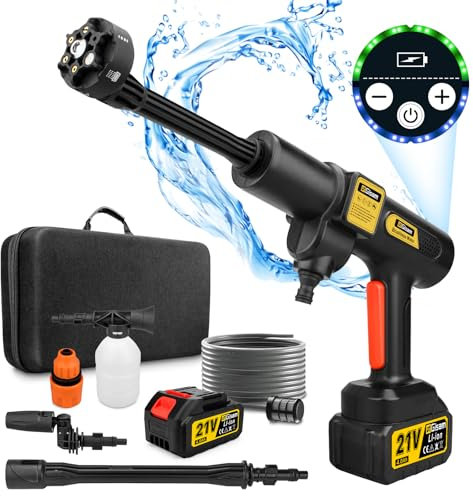 Gisam Cordless Pressure Washer, Max 65 Bar 943 PSI Jet Washers with 2 x 4000mA Batteries, Foam Sprayer, 6 in 1 Multi-function Nozzle & 180 Rotatable Nozzle for Cleaning and Irrigation (Gisam-01)