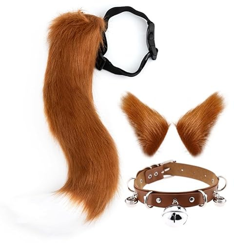 DRESHOW Fuchs Kunstpelz Schwanz Katzenohren Haarspange Halloween Party Kostüm Halsband Cosplay Set für Damen