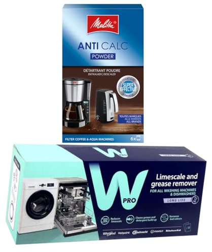 Wpro Descaler Bags for Washing Machines and Dishwashers with Melitta Anti-Calc Powder Descaler for Filter Coffee Machines 6 x 20 Gram