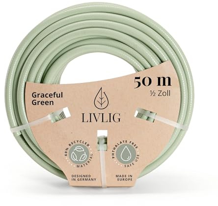 LIVLIG | Trädgårdsslang 50 m 1/2 tum, vattenslang tillverkad i Tyskland av återvunnet material, formstabil | färg: grön