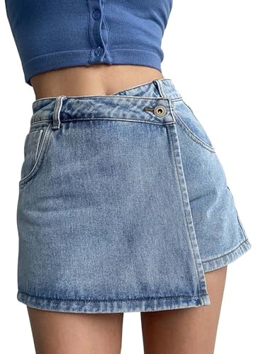 Gonna in jeans da donna, per il tempo libero, taglie grandi, casual, corti, estivi, in denim, design a due pezzi, linea ad A, a vita alta, lavaggio, elegante e snellente per le fashioniste