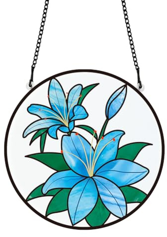PLIGREAT Sonnenfänger Blaue Lilie Blumen Acryl Glasmalerei Sonnenfänger Sommer Terrasse Garten Hängende Baum Ornamente für Wohnzimmer Schlafzimmer Spielzimmer Fenster Dekoration Gedenkgeschenke