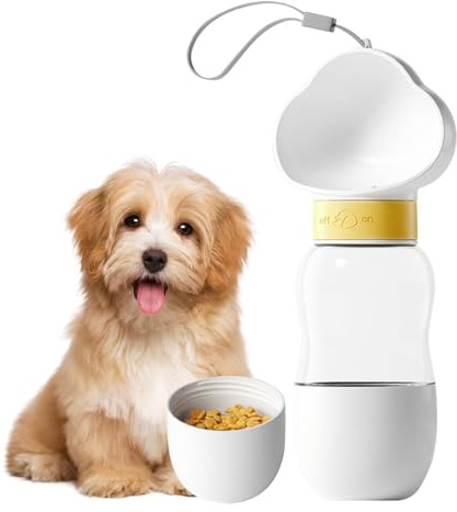Borraccia per cani da passeggio, 2 in 1, borraccia portatile per cani, 350 ml, borraccia da viaggio per cani a prova di perdite + contenitore per alimenti da 250 ml, dispenser d'acqua per cuccioli