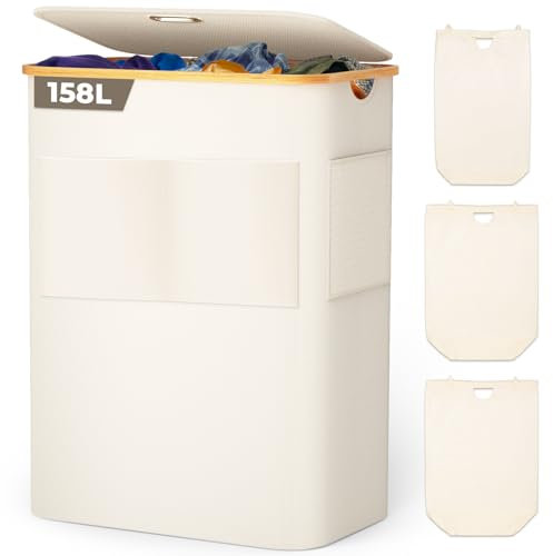 OUSFOT Wäschekorb mit Deckel 3 Fächer 158L Wäschesammler faltbar aus 600D Oxford-Gewebe mit Abnehmbarem Wäschesack, vorne Stofftasche Bambus-Wäschebox Wäschesortierer Wäschetonne Laundry baskets Beige