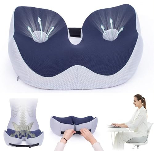 Ousinby Sciatica Cushion, Coccyx Cushion for Tailbone Pain, Adjustable Chair Cushion Memory Foam Seat Ergonomic Reduce Sciatica Back Pain Mat for Office Chair, Wheelchair, Car Seat (Blue)