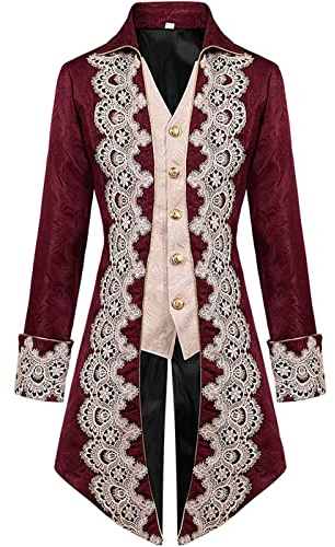 Duohropke Steampunk Vintage Frack Giacca Medievale Gotico Vittoriano Passeggiata Uniformi Halloween Costume, Colore: rosso, XXL