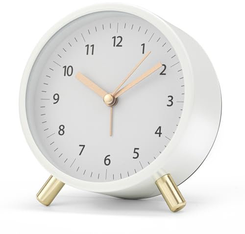 Bafiwu Analog Wecker Ohne Ticken - Metall Mit Nachtlicht, Geräuschlos Mit Groß Zifferblatt, Einstellbare Alarmzeit, Batteriebetrieben (Weiß)