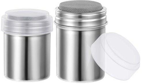 2 Stück Puderzuckerstreuer mit Frische Kakaostreuer Kakaostreuer für Cappuccino Edelstahl Shaker Abdeckung Staubzuckerstreuer Mehlstreuer Salzstreuer für Kaffee Zucker Salz Kakao Mehl (Klein Mittel)