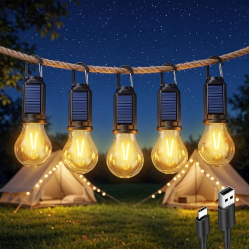 LIAISIMI 5 lámparas solares LED para camping, portátil, con 3 modos de brillo, recargable por USB, para colgar, resistente al agua, para pesca, senderismo