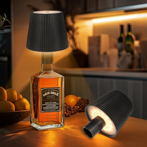 Ketom Flaschenlampe Aufsatz LED Aufladbar Schwarz, IP54 Wasserdicht | 2 Stück Lampenschirm für Flasche, Akku Lampe für Flasche LED USB, 3 Farbtemperaturen, Dimmbare, Touch Control, Als Tischlampe