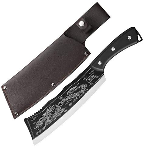 BleezeBlessz Coltello da chef affilato, coltello da cucina, coltello vichingo, in acciaio al carbonio con manico ergonomico in legno, lunghezza lama 20 cm, coltello da barbecue, coltello outdoor
