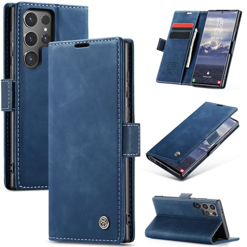 Samokor Handyhülle für Samsung Galaxy S23 Ultra 5G Magnet Leder Klapphülle | Premium Leder,Klappbar,Flip Case,Schutzhülle,Tasche,Kartenfach,Standfunktion,Stoßfest,Hülle für Samsung S23 Ultra,Blau