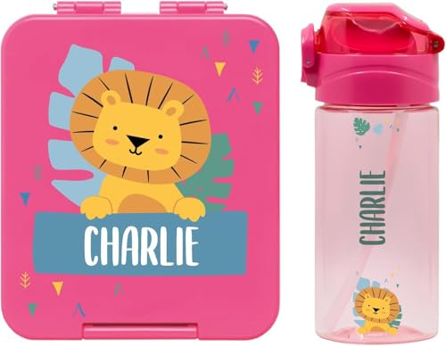Stellasticker - Set con borraccia personalizzabile per bambini e porta pranzo/merenda personalizzato per bambini in plastica - Borraccia con cannuccia capacità 450 ml - Senza BPA (Rosa scuro)