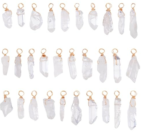 AHANDMAKER 30 Stück Natürlicher Quarzkristall Anhänger 1 Zoll Goldener Kupferdraht Umwickelt Mit Edelstein Charm Knoten Kristallperlen Zur Schmuckherstellung Loch 2.8mm
