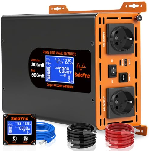 SolaYnc 3000W/6000W Inversor 12V 220V de Onda sinusoidal Pura, Conversor de Voltaje, 2 Tomas UE y Puerto Tipo-C de 30W y USB, Control Remoto LCD, Pantalla，para caravanas, Barco，Camping