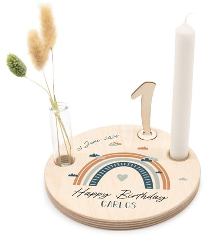 GRAVURZEILE Bedruckter Geburtstagsteller aus Holz - Regenbogen Blau - Personalisiert mit Name & Datum - inkl. Kerzenhalter, Glasvase & Zahlen 0-9 - Geschenk für Baby & Kinder zum Geburtstag