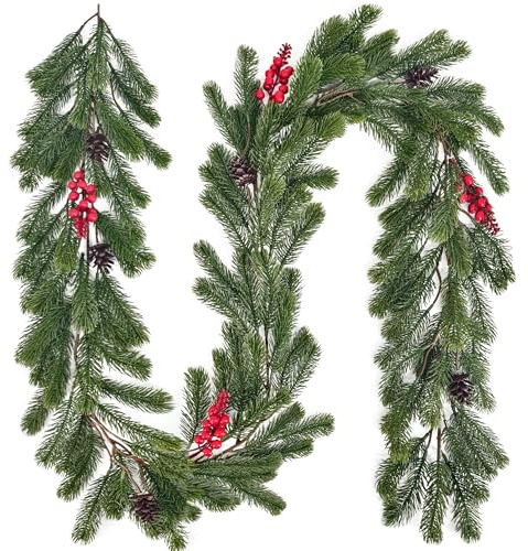 YMIFEEY Tannengirlande 190cm Weihnachtsgirlande Tanne Girlande Tannengrün Spritzguss mit Zapfen und Roten Beeren, Künstliche Grüne Girlande Weihnachten Kunsttanne Wie Echt (Grün)