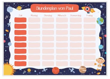 PuK Krämmer GmbH Stundenplan Kinder Abwischbar Personalisiert | Laminiert optional Magnetisch mit Stift | Geschenk zur Einschulung | Stundenplan 1. Klasse für Kühlschrank (Weltall)