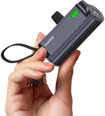 SHARGE Flow Mini 2 5000mAh Mini Batterie Externe 22,5W PD USB C Power Bank | Batterie externe compacte 22,5W avec câble USB-C intégré, charge rapide, double sortie et design idéal pour le voyage.