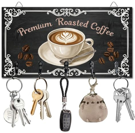 DELORIGIN Soporte para llaves de café montado en la pared, tablero de llaves de madera con 5 ganchos, organizador de almacenamiento para llaves, decoración de pared, puerta, entrada, cocina, regalo