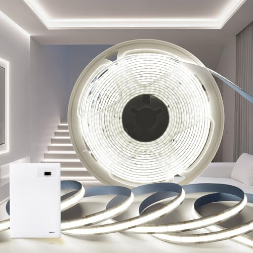 PERVADEO Luces LED Pilas Tira LED COB, Batería de Tira LED 1M Blanco Fria 6000K 5V 320LEDs/M Autoadhesiva Flexible Cortable para debajo del gabinete de cocina, estantes, gabinete base