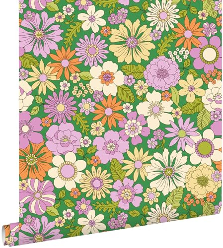 Esta Home Tapete Retro Blumen Grün, Lila, Beige und Orange 50 x 900 cm