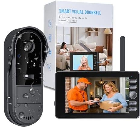 Sonnette Sans Fil Exterieur Etanche 1080P avec Camera Écran IPS 4.3 Pouces Bluetooth Sans WiFi Vision Nocturne Interphone Video Sans Fil Portier Video 120° Audio Bidirectionnel IP65 Sonnette Sans Fil