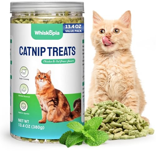 Whiskopia 13.4 OZ Catnip Cat Treats for Indoor Cats with Cat Grass Hairball Control & Dental Care Natural Chicken Kitten Snacks Crunchy Training Biscuits for Teeth Cleaning