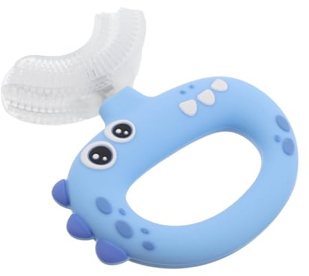 ibasenice Cepillo de Dientes Infantil 0-3 Años Silicona Grado Alimenticio Forma de U Diseño Dinosaurio Azul Cerdas Suaves 360° para Limpieza Completa Boca Cepillo Entrenamiento Manual Bebés