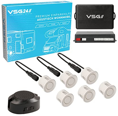VSG24 Premium Einparkhilfe hinten zum nachrüsten am WOHNMOBIL, PDC Parksensoren hinten mit Stecksystem für einfachste Montage Rückfahrwarner mit Lautsprecher & 6 Sensoren Parkhilfe Nachrüstsatz Weiß