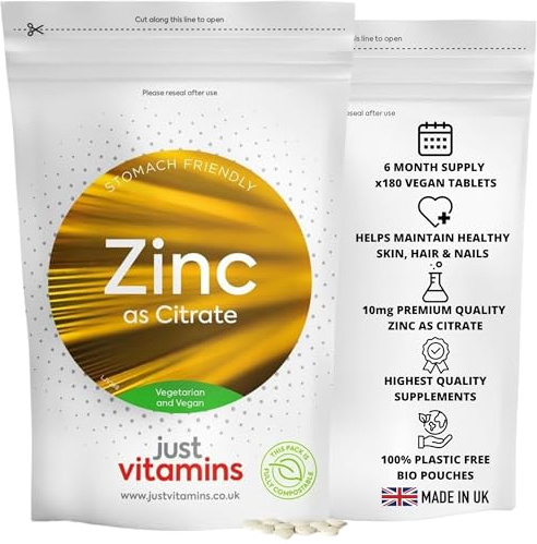 Zinc Citrate 10mg | 100% NRV of Zinc per Tablet | Healthy Bones, Skin, Eyes, Hair & Nails | Cognitive Function & Immune System Support | 180 Vegan Tablets | UK Made - Just Vitamins