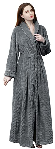 Hellomamma Womens Long Robe Soft Warm Fleece Plush Bathrobe Ladies Sleepwear Pajamas Housecoat Nightgown Gray Large-X-Large