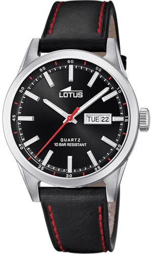 LOTUS Reloj Hombre Analógico de Cuero Negro - Movimiento de Cuarzo - Calendario - Cristal Mineral de Alta Resistencia - Resistente al Agua 10 ATM Clásico 18671/4