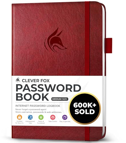 Clever Fox Password Book with alphabetical tabs. Internet Address Organizer Logbook. Medium Password Keeper for Website Logins (Wine Red)