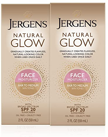 Jergens Natural Glow Face Self Tanner Lotion SPF 20, Sunless Tanning, Fair to Medium Skin Tone, Daily Facial Sunscreen, Oil-Free, Broad Spectrum UVA and UVB Protection, 2 Oz, Pack of 2