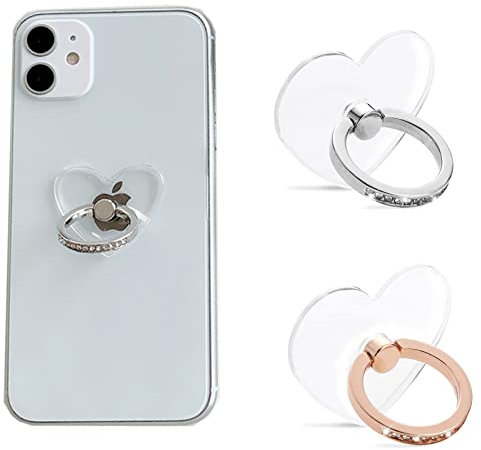 Transparent Cell Phone Ring Holder,2 Pcs Phone Stand,360 Degree Rotation Heart With Diamond Phone Ring Support Holder,for Various Mobile Smart phones(Silver+Rose Gold)